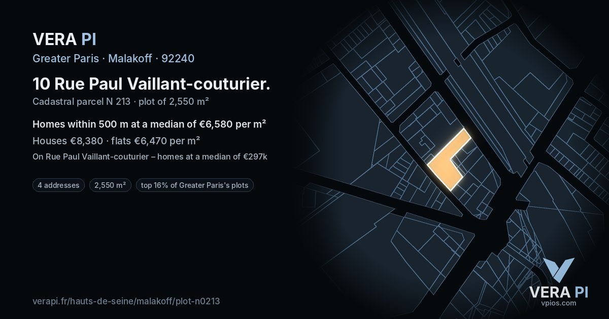 10 Rue Paul Vaillant-couturier, Malakoff at night – the plot lit, the parcels around coloured by the prices near them