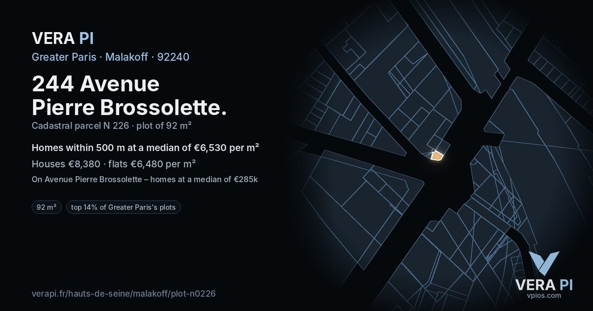 244 Avenue Pierre Brossolette, Malakoff at night – the plot lit, the parcels around coloured by the prices near them
