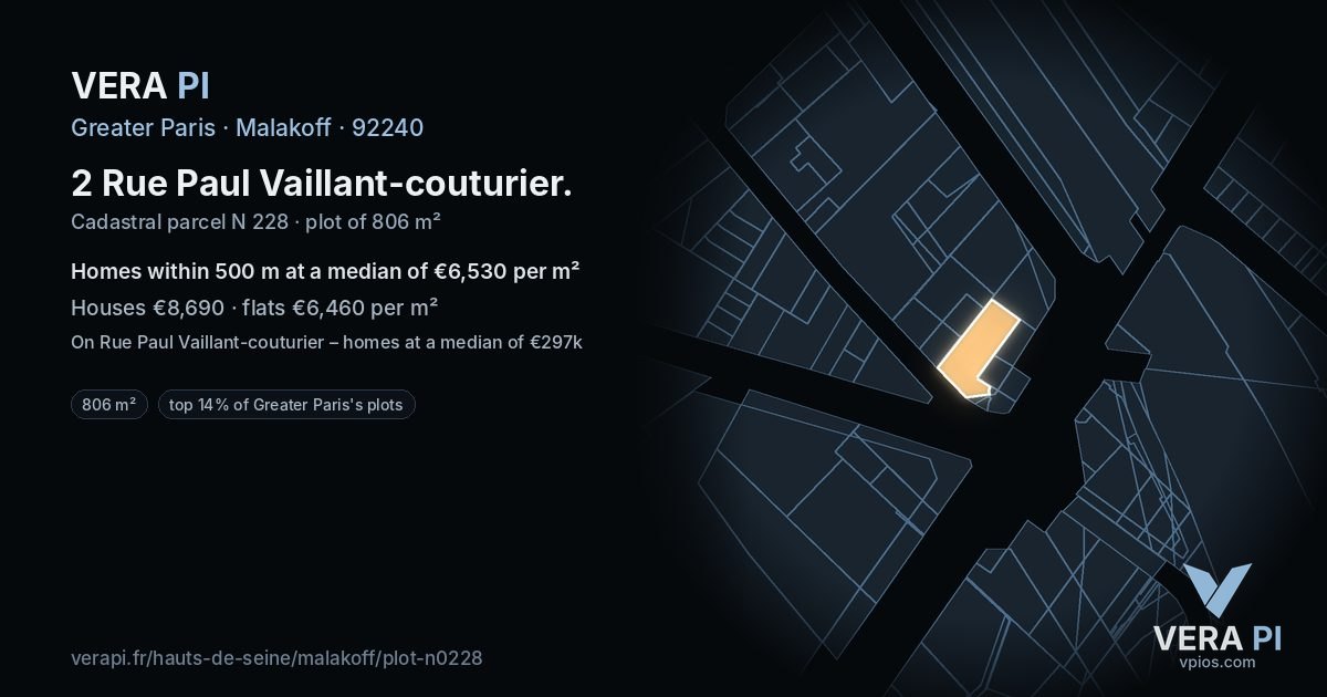 2 Rue Paul Vaillant-couturier, Malakoff at night – the plot lit, the parcels around coloured by the prices near them