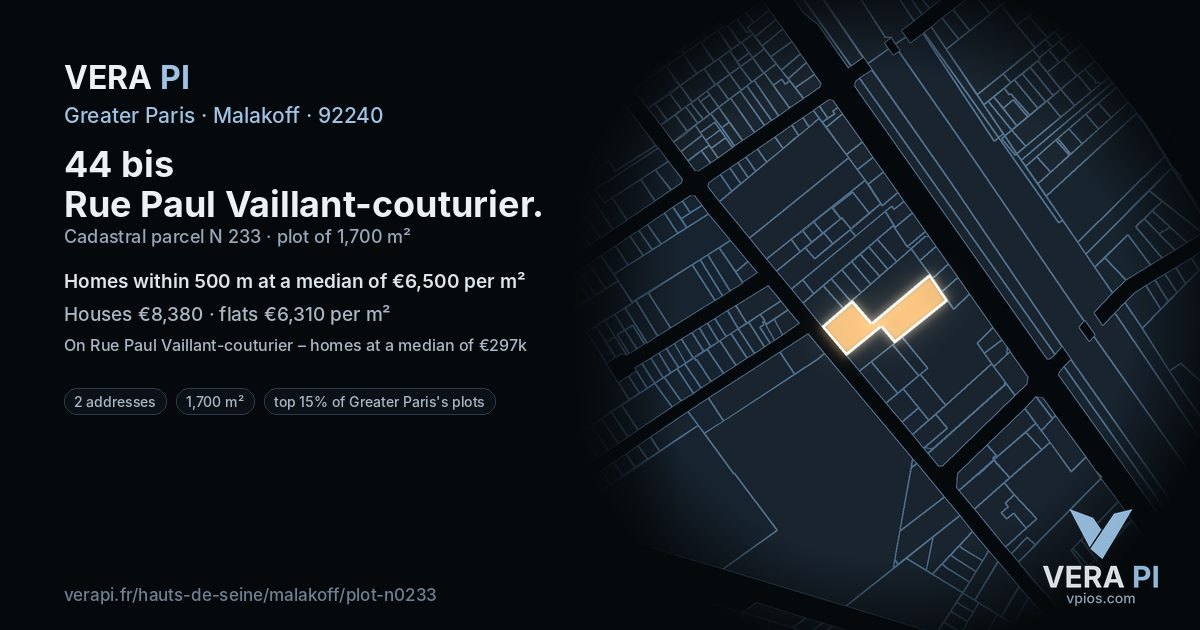 44 bis Rue Paul Vaillant-couturier, Malakoff at night – the plot lit, the parcels around coloured by the prices near them