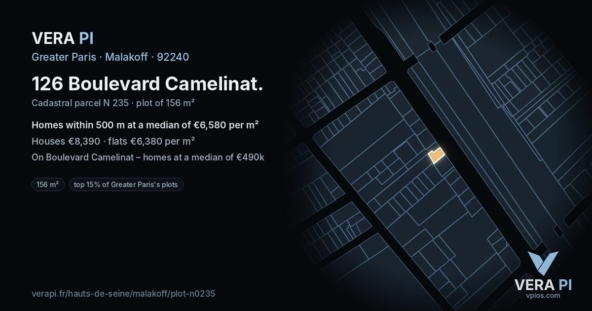 126 Boulevard Camelinat, Malakoff at night – the plot lit, the parcels around coloured by the prices near them