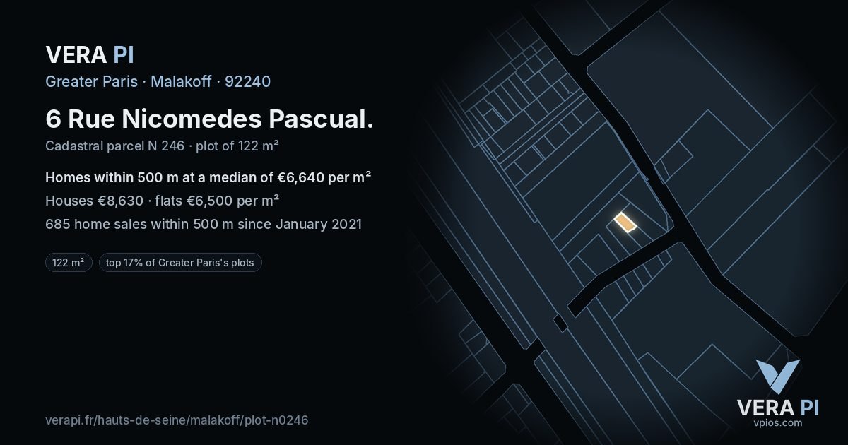 6 Rue Nicomedes Pascual, Malakoff at night – the plot lit, the parcels around coloured by the prices near them