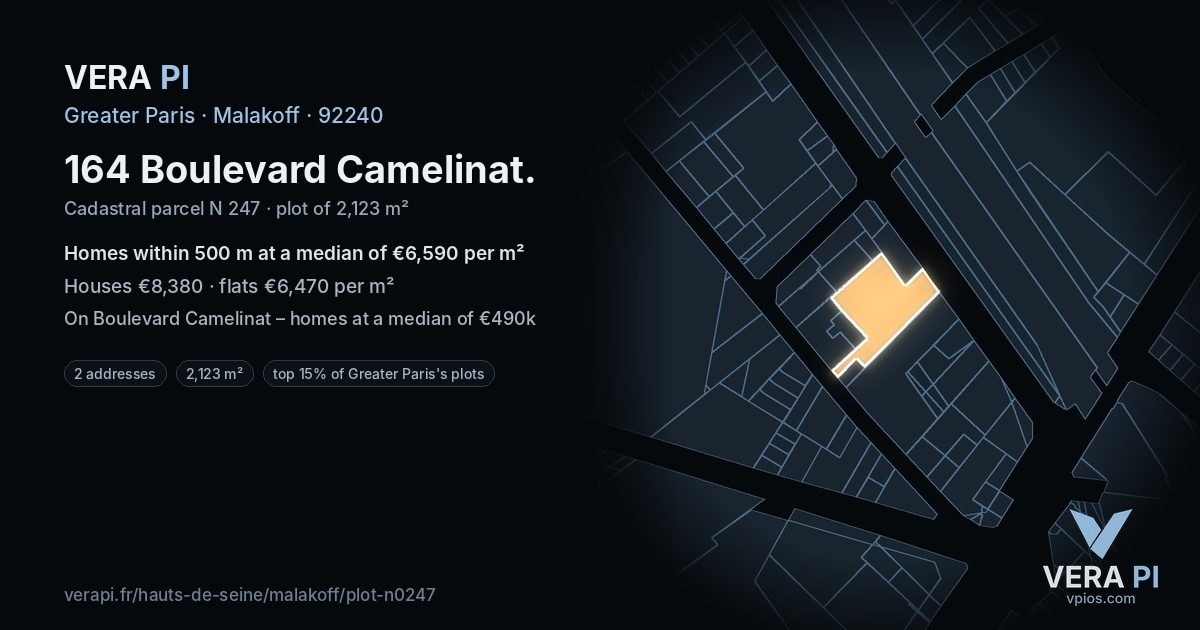 164 Boulevard Camelinat, Malakoff at night – the plot lit, the parcels around coloured by the prices near them
