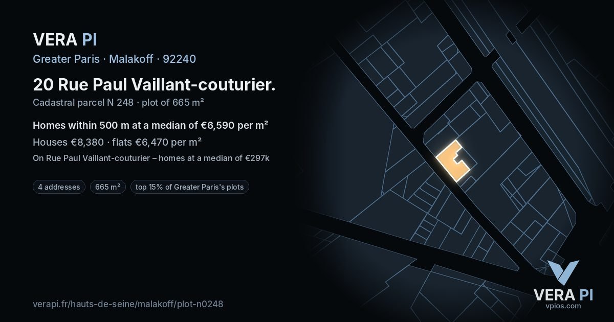 20 Rue Paul Vaillant-couturier, Malakoff at night – the plot lit, the parcels around coloured by the prices near them