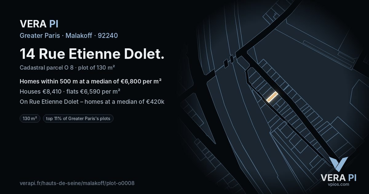 14 Rue Etienne Dolet, Malakoff at night – the plot lit, the parcels around coloured by the prices near them