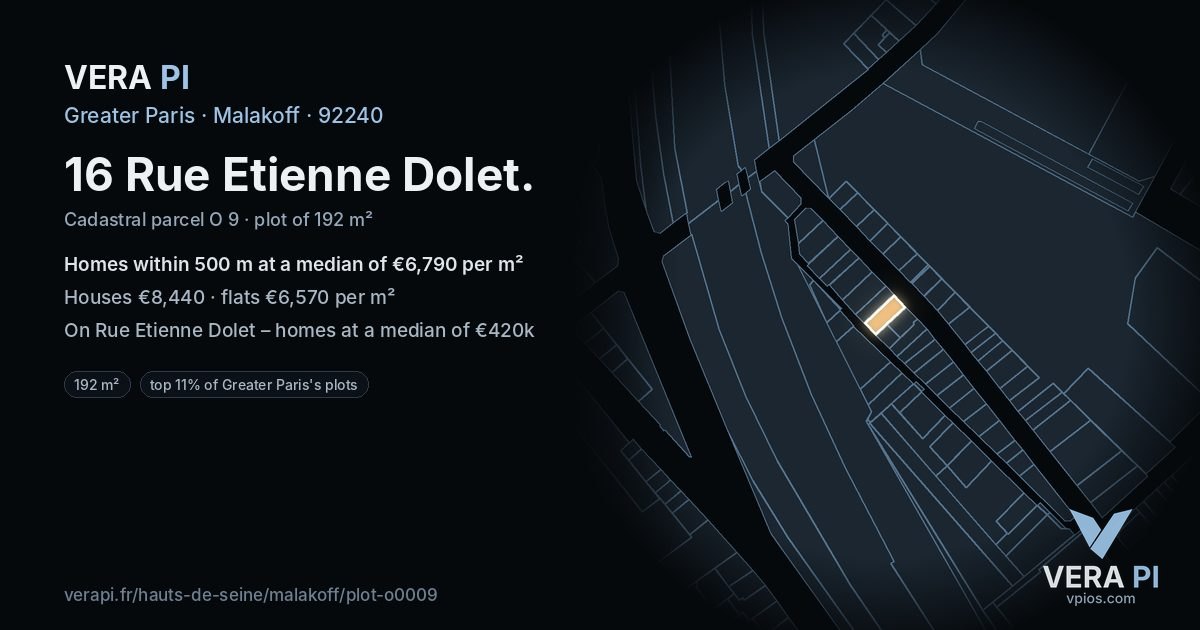 16 Rue Etienne Dolet, Malakoff at night – the plot lit, the parcels around coloured by the prices near them