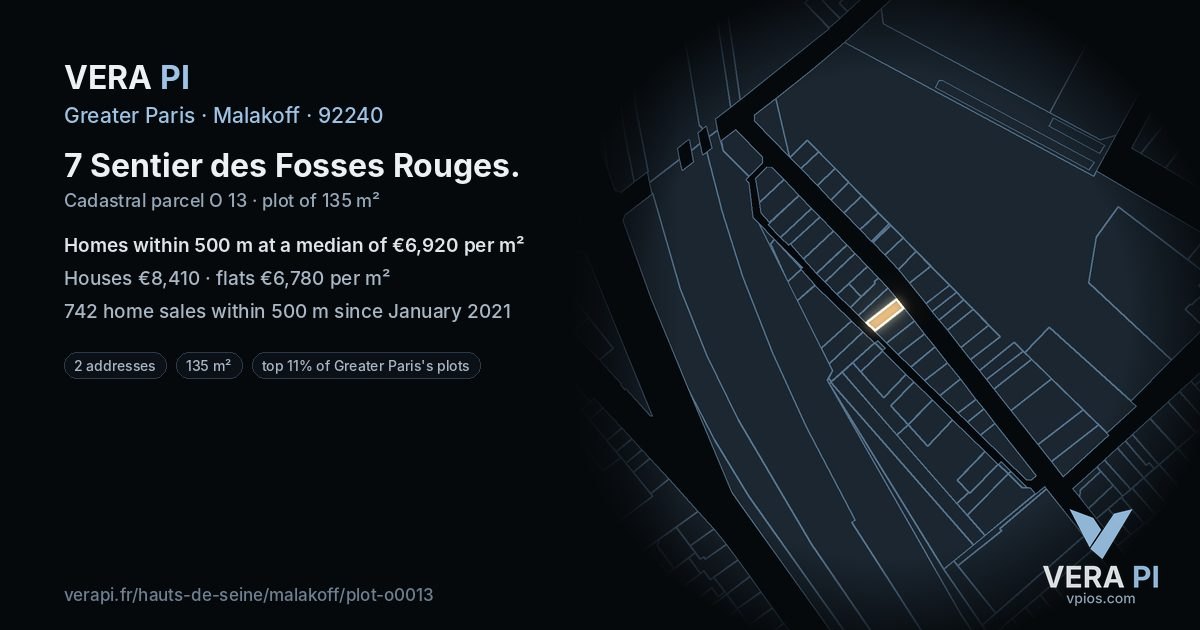 7 Sentier des Fosses Rouges, Malakoff at night – the plot lit, the parcels around coloured by the prices near them