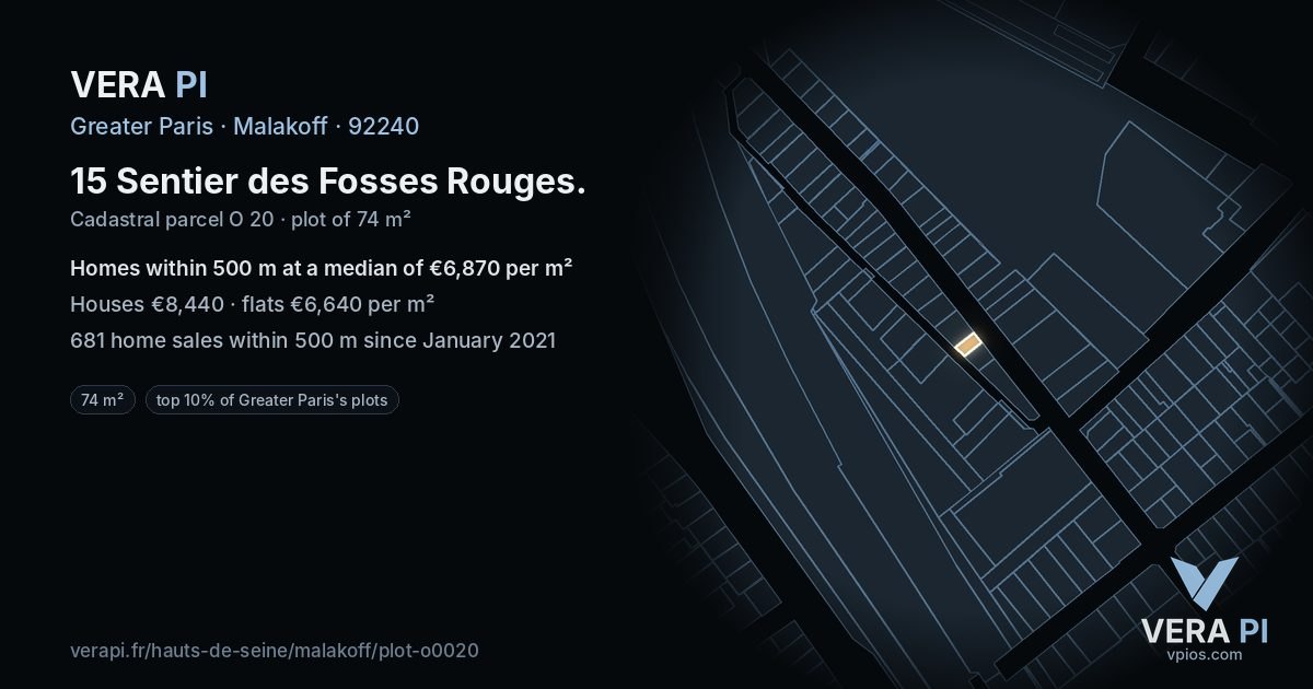 15 Sentier des Fosses Rouges, Malakoff at night – the plot lit, the parcels around coloured by the prices near them