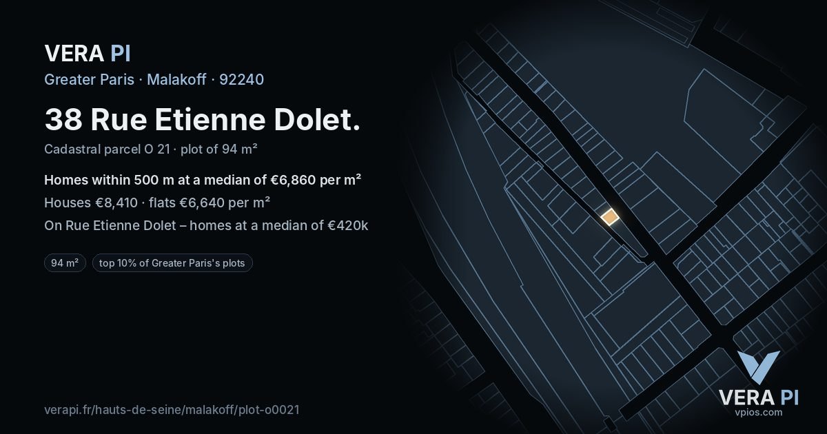 38 Rue Etienne Dolet, Malakoff at night – the plot lit, the parcels around coloured by the prices near them
