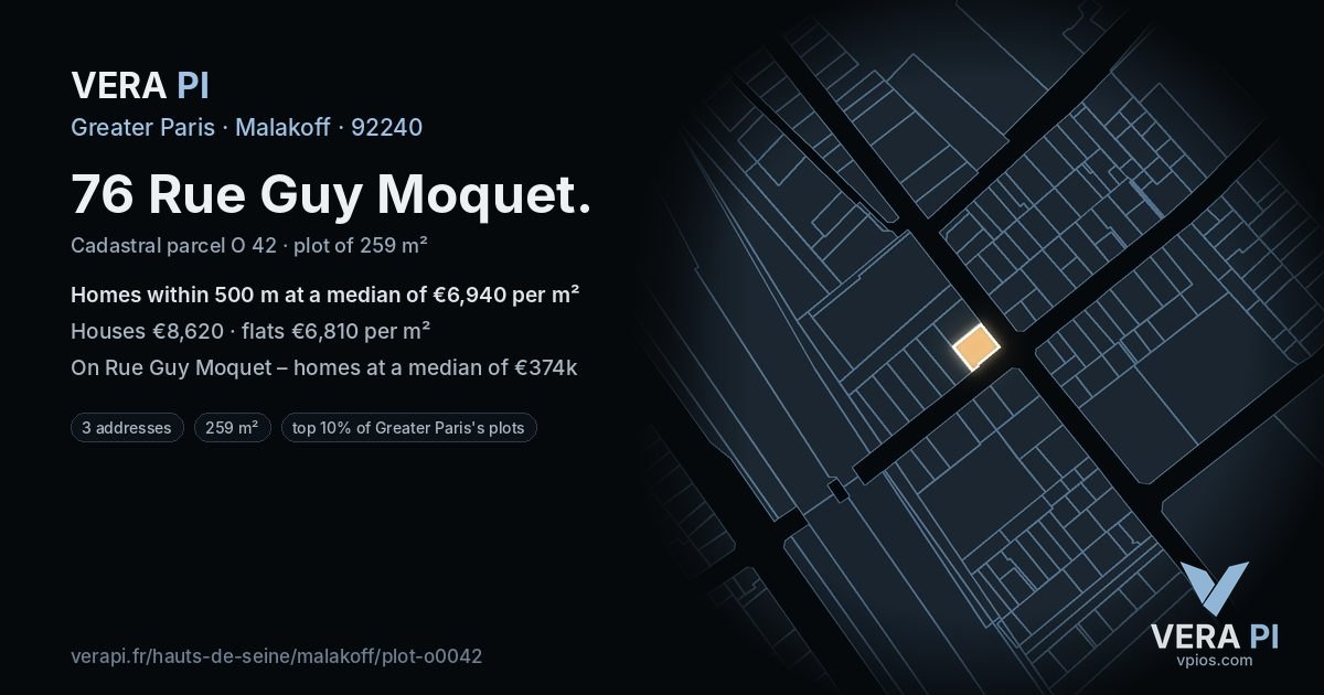76 Rue Guy Moquet, Malakoff at night – the plot lit, the parcels around coloured by the prices near them