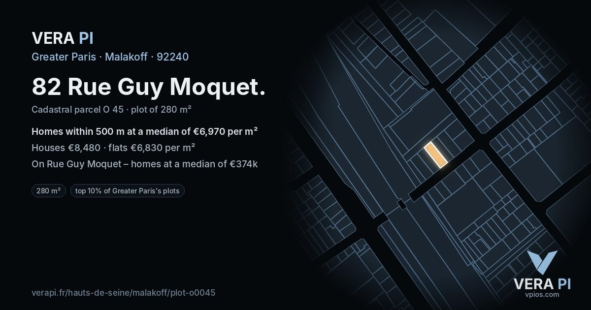 82 Rue Guy Moquet, Malakoff at night – the plot lit, the parcels around coloured by the prices near them