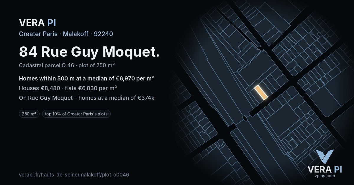 84 Rue Guy Moquet, Malakoff at night – the plot lit, the parcels around coloured by the prices near them