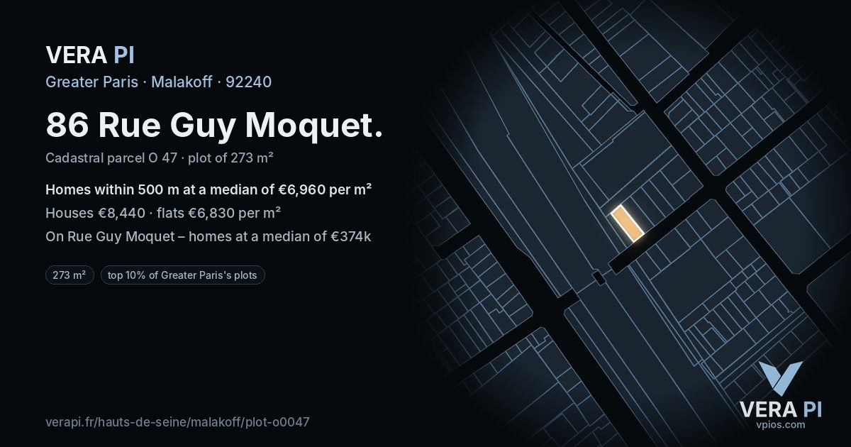 86 Rue Guy Moquet, Malakoff at night – the plot lit, the parcels around coloured by the prices near them