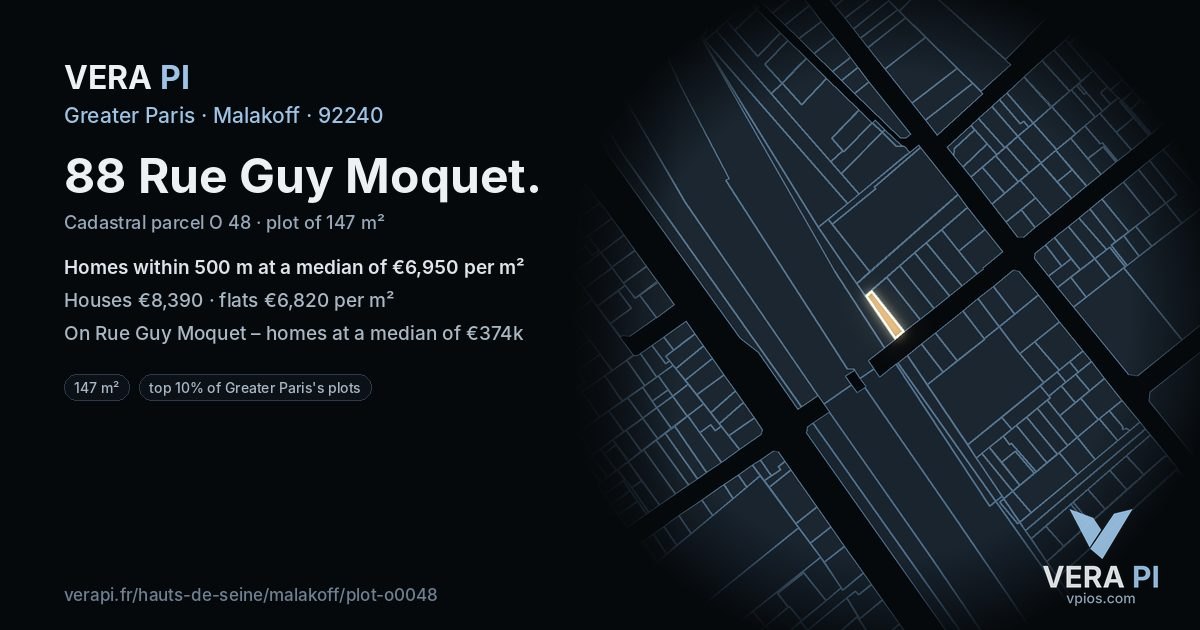 88 Rue Guy Moquet, Malakoff at night – the plot lit, the parcels around coloured by the prices near them