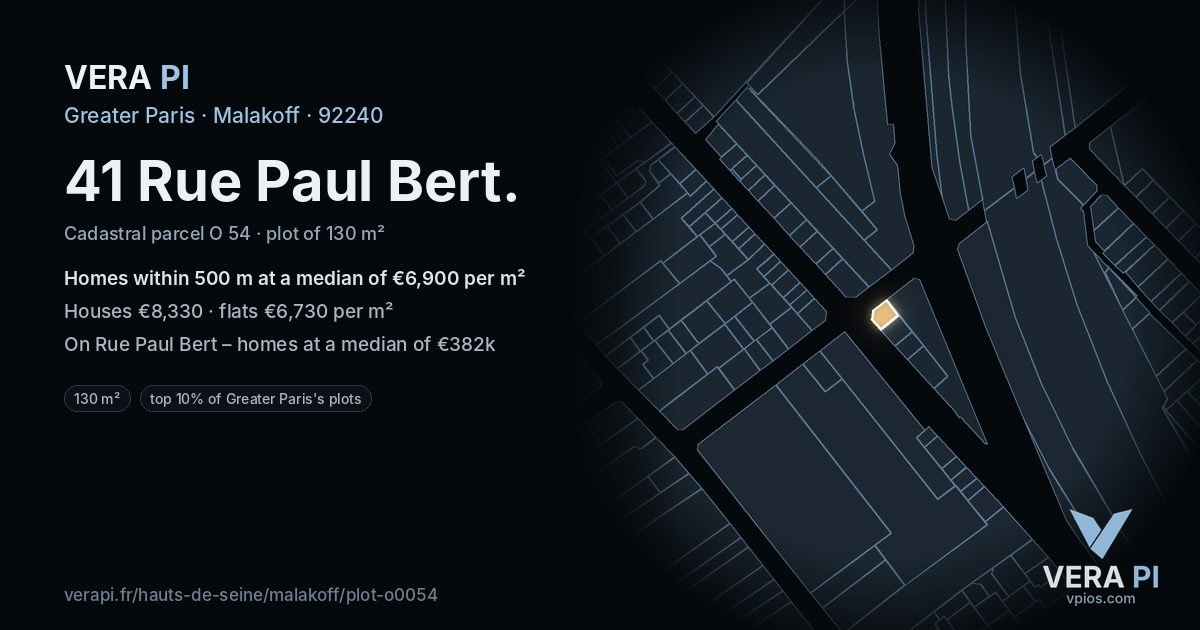 41 Rue Paul Bert, Malakoff at night – the plot lit, the parcels around coloured by the prices near them