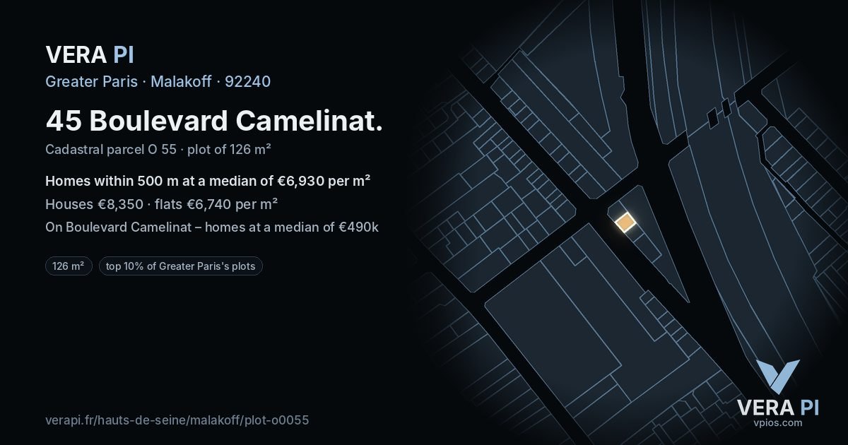 45 Boulevard Camelinat, Malakoff at night – the plot lit, the parcels around coloured by the prices near them