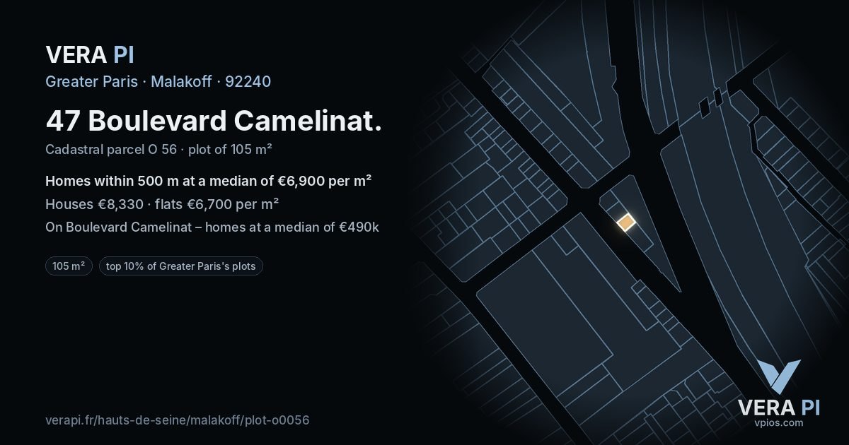 47 Boulevard Camelinat, Malakoff at night – the plot lit, the parcels around coloured by the prices near them