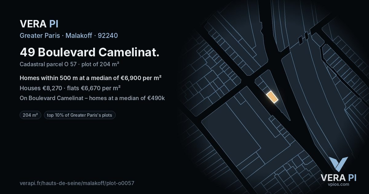 49 Boulevard Camelinat, Malakoff at night – the plot lit, the parcels around coloured by the prices near them