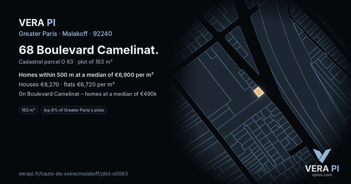 68 Boulevard Camelinat, Malakoff at night – the plot lit, the parcels around coloured by the prices near them