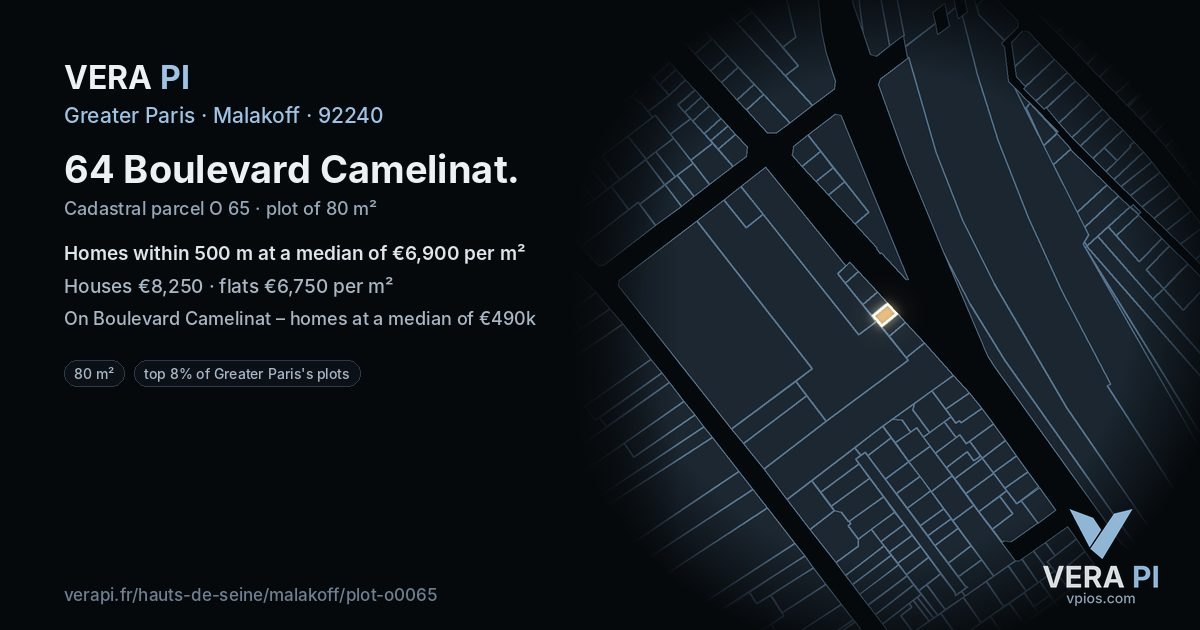 64 Boulevard Camelinat, Malakoff at night – the plot lit, the parcels around coloured by the prices near them