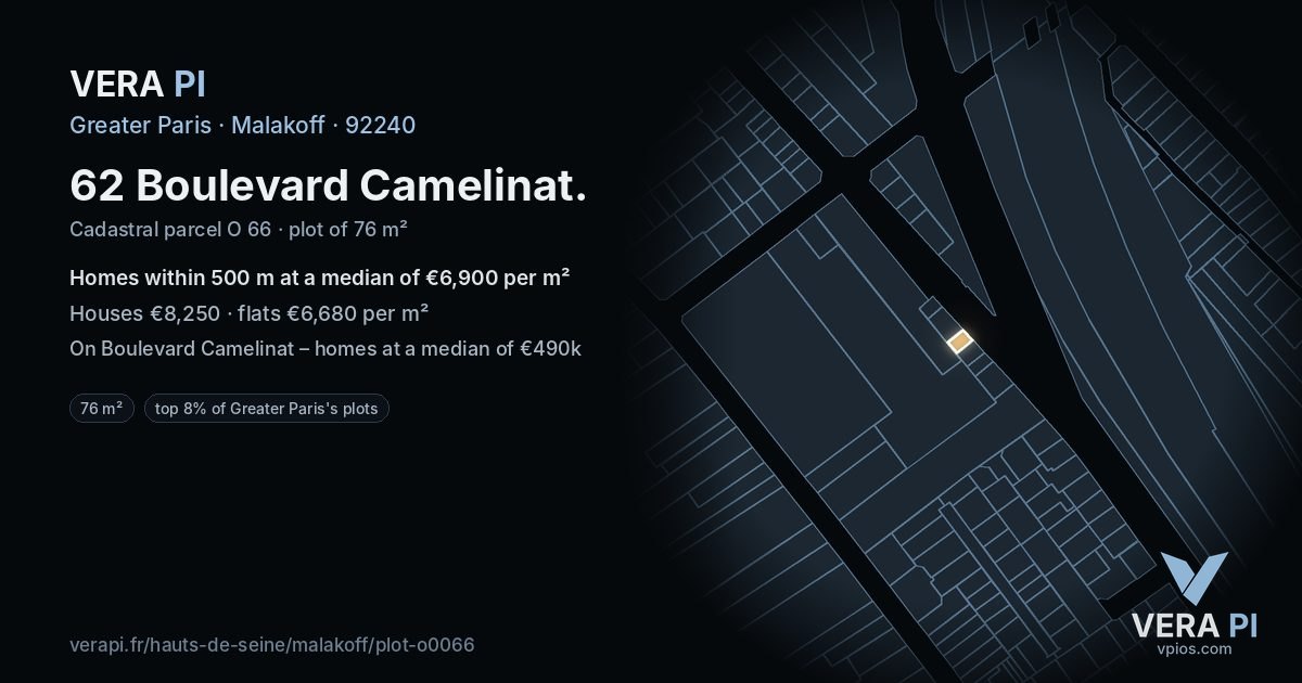 62 Boulevard Camelinat, Malakoff at night – the plot lit, the parcels around coloured by the prices near them