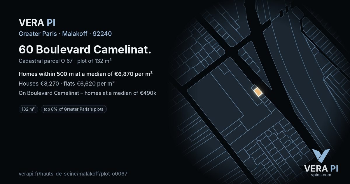 60 Boulevard Camelinat, Malakoff at night – the plot lit, the parcels around coloured by the prices near them