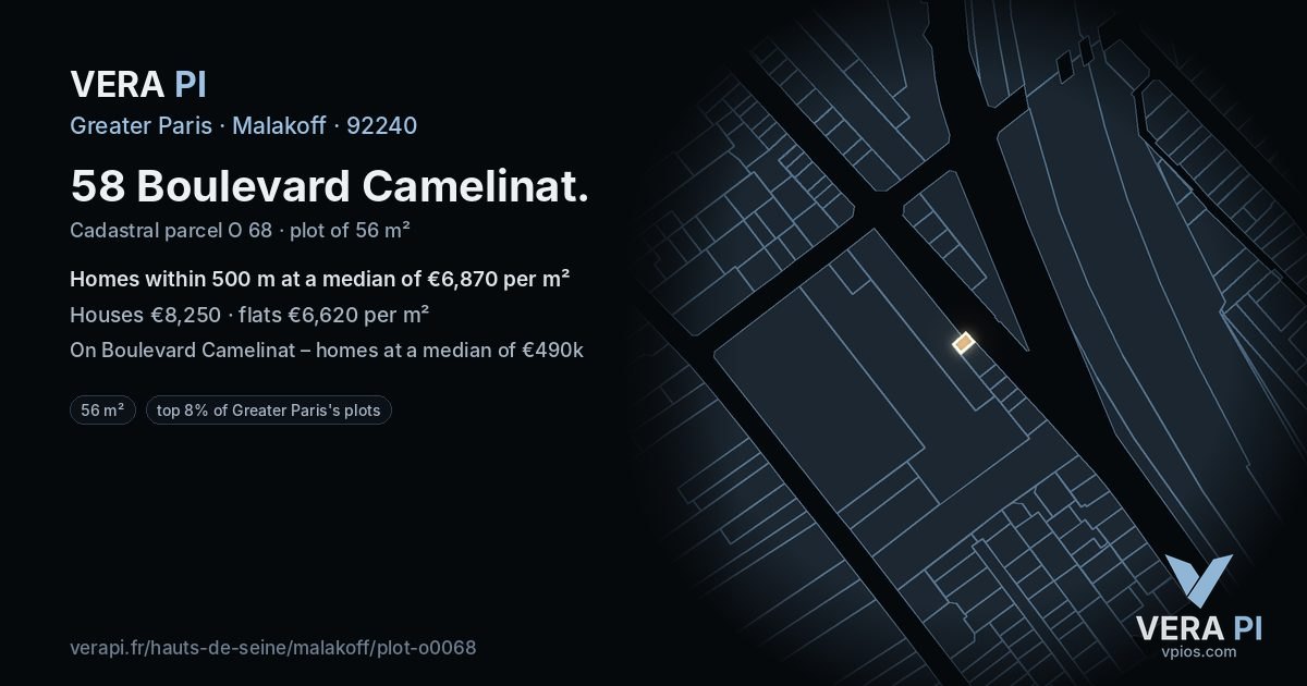 58 Boulevard Camelinat, Malakoff at night – the plot lit, the parcels around coloured by the prices near them