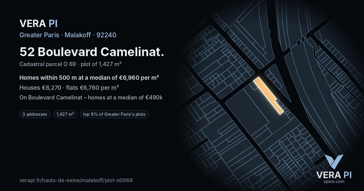 52 Boulevard Camelinat, Malakoff at night – the plot lit, the parcels around coloured by the prices near them