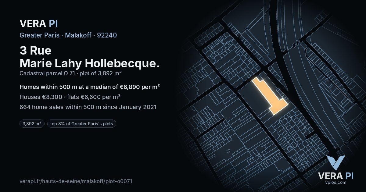 3 Rue Marie Lahy Hollebecque, Malakoff at night – the plot lit, the parcels around coloured by the prices near them