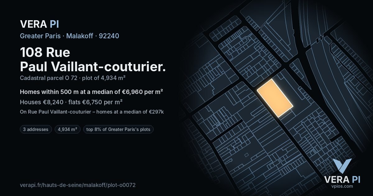 108 Rue Paul Vaillant-couturier, Malakoff at night – the plot lit, the parcels around coloured by the prices near them