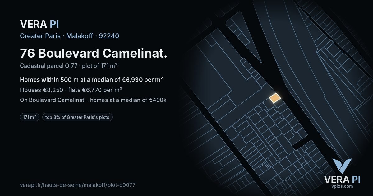 76 Boulevard Camelinat, Malakoff at night – the plot lit, the parcels around coloured by the prices near them