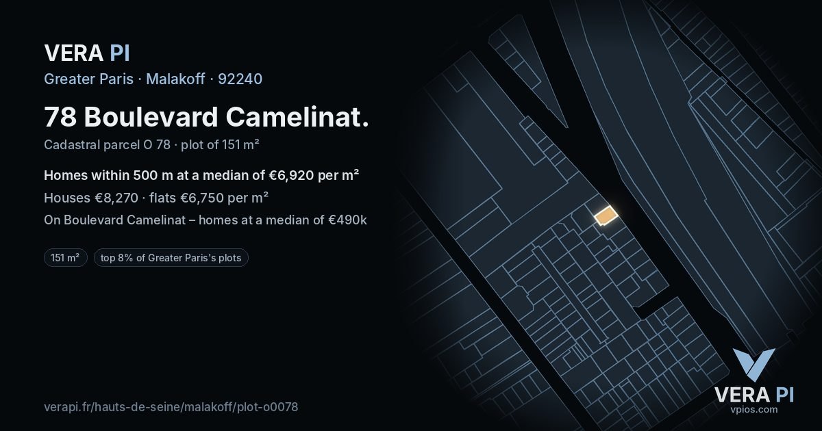 78 Boulevard Camelinat, Malakoff at night – the plot lit, the parcels around coloured by the prices near them