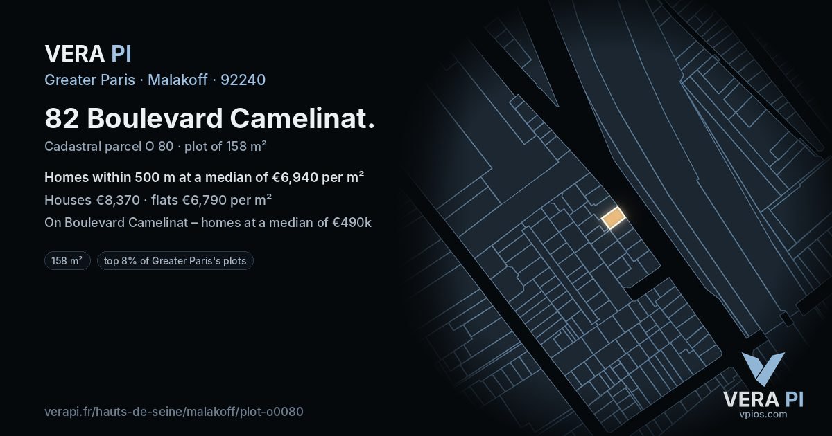 82 Boulevard Camelinat, Malakoff at night – the plot lit, the parcels around coloured by the prices near them
