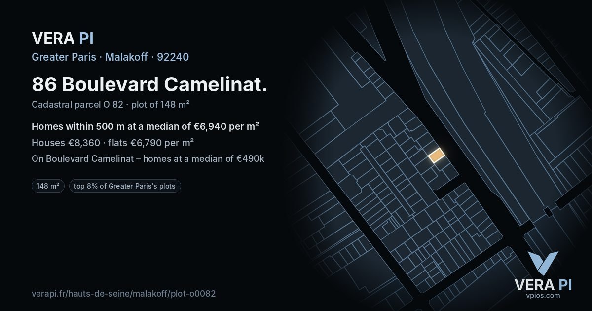 86 Boulevard Camelinat, Malakoff at night – the plot lit, the parcels around coloured by the prices near them