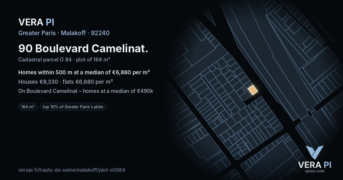 90 Boulevard Camelinat, Malakoff at night – the plot lit, the parcels around coloured by the prices near them