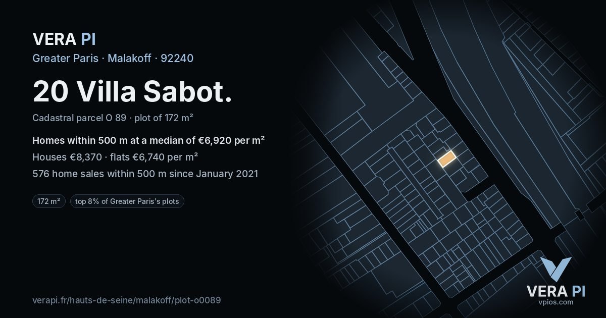 20 Villa Sabot, Malakoff at night – the plot lit, the parcels around coloured by the prices near them
