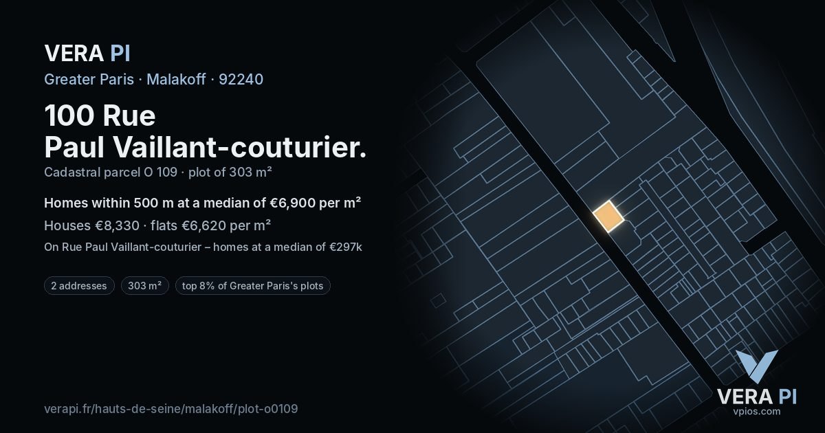 100 Rue Paul Vaillant-couturier, Malakoff at night – the plot lit, the parcels around coloured by the prices near them