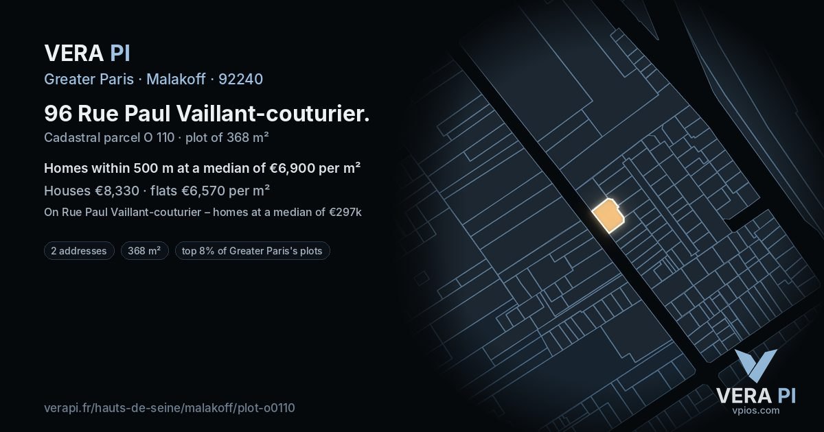 96 Rue Paul Vaillant-couturier, Malakoff at night – the plot lit, the parcels around coloured by the prices near them