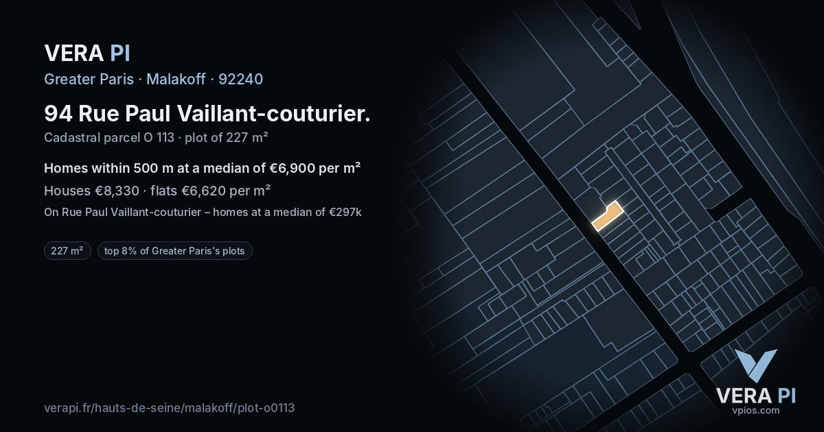 94 Rue Paul Vaillant-couturier, Malakoff at night – the plot lit, the parcels around coloured by the prices near them