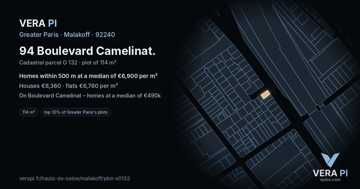94 Boulevard Camelinat, Malakoff at night – the plot lit, the parcels around coloured by the prices near them
