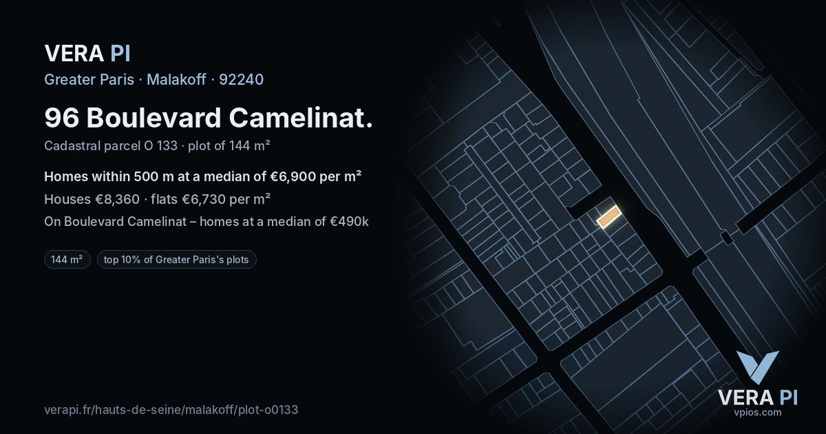 96 Boulevard Camelinat, Malakoff at night – the plot lit, the parcels around coloured by the prices near them