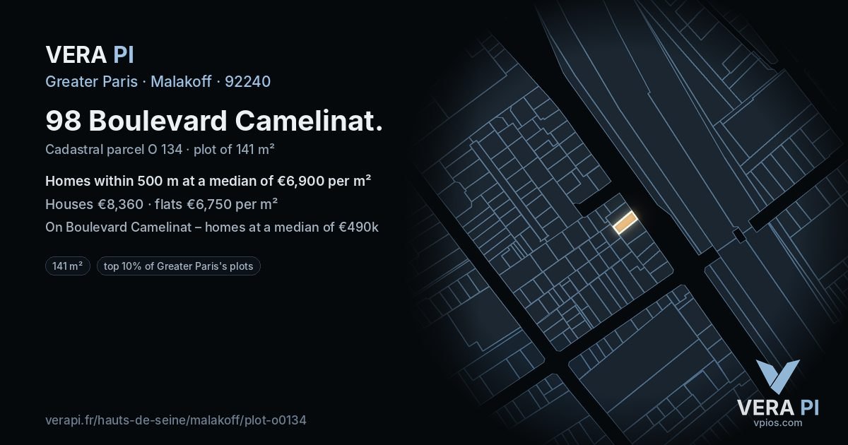 98 Boulevard Camelinat, Malakoff at night – the plot lit, the parcels around coloured by the prices near them