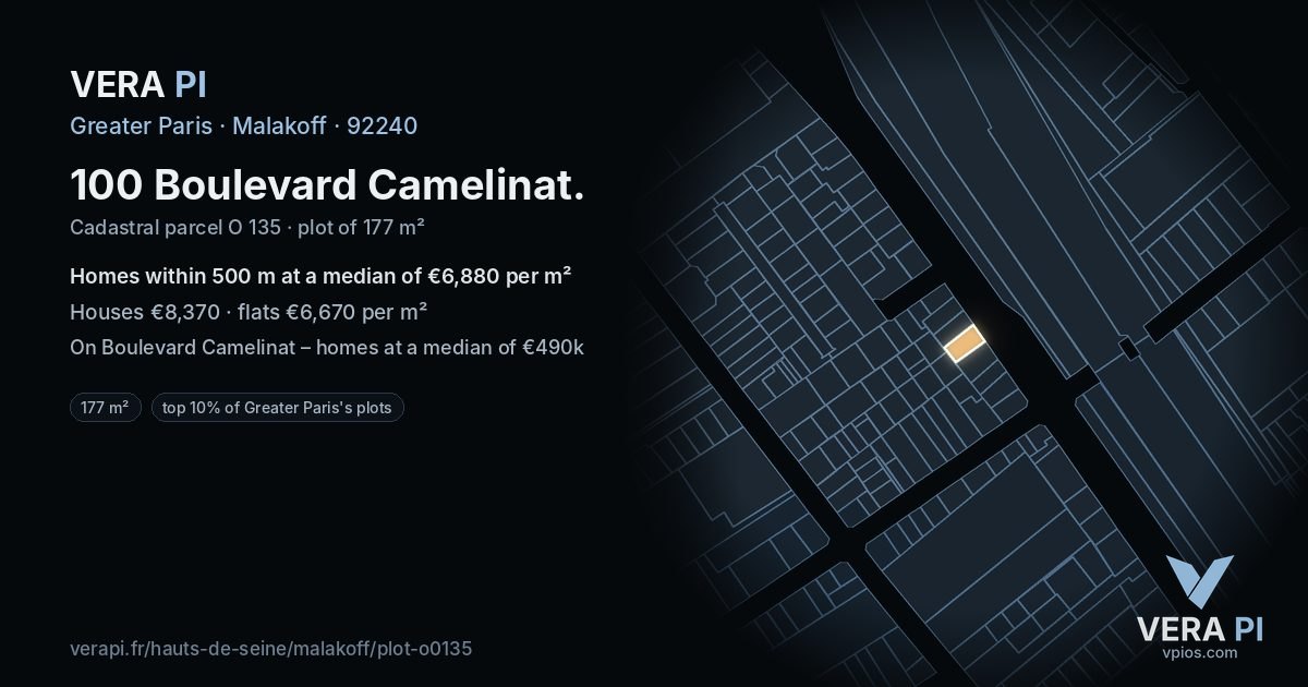 100 Boulevard Camelinat, Malakoff at night – the plot lit, the parcels around coloured by the prices near them