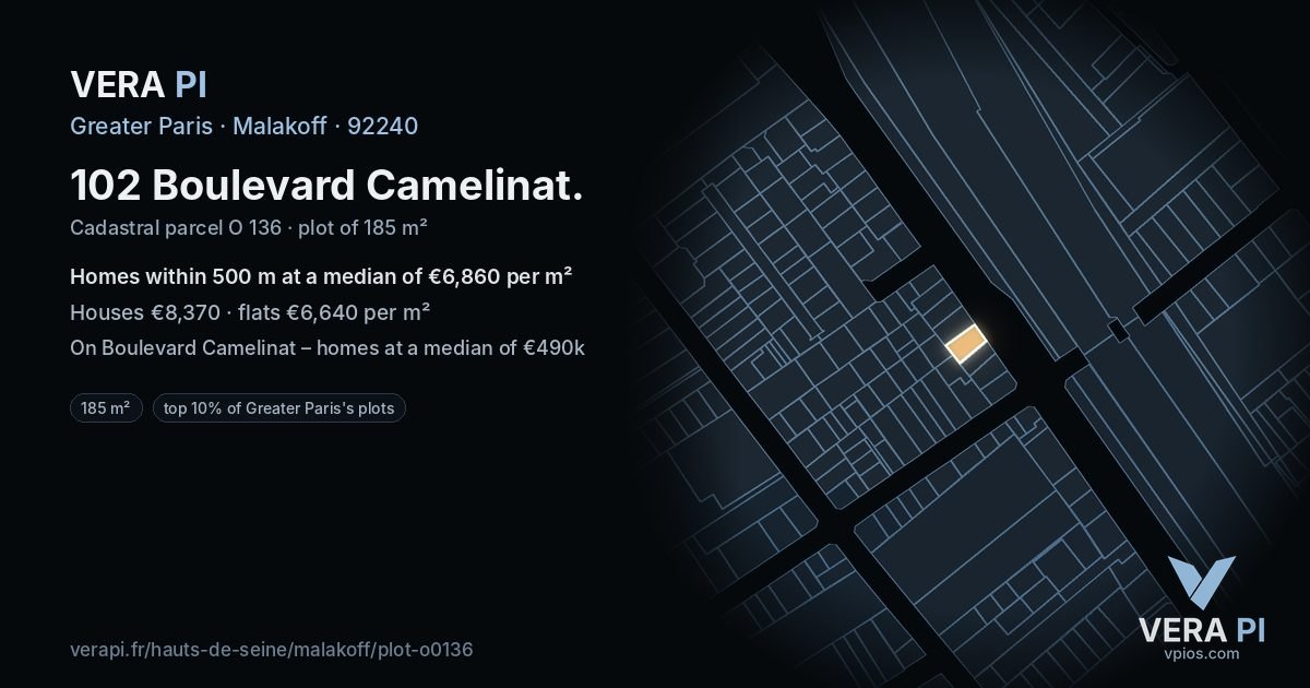 102 Boulevard Camelinat, Malakoff at night – the plot lit, the parcels around coloured by the prices near them