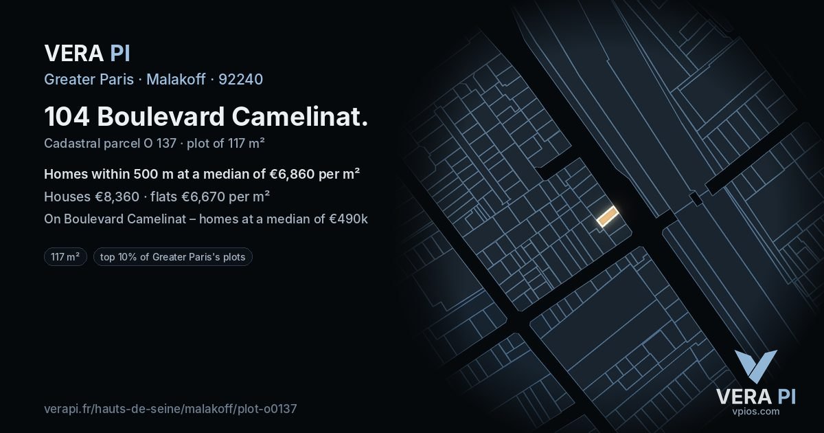 104 Boulevard Camelinat, Malakoff at night – the plot lit, the parcels around coloured by the prices near them