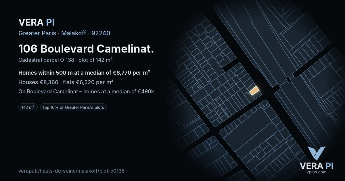 106 Boulevard Camelinat, Malakoff at night – the plot lit, the parcels around coloured by the prices near them