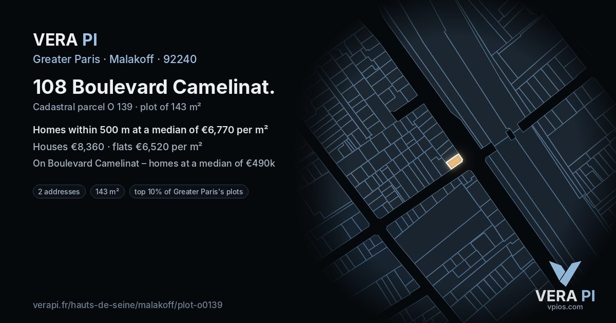 108 Boulevard Camelinat, Malakoff at night – the plot lit, the parcels around coloured by the prices near them