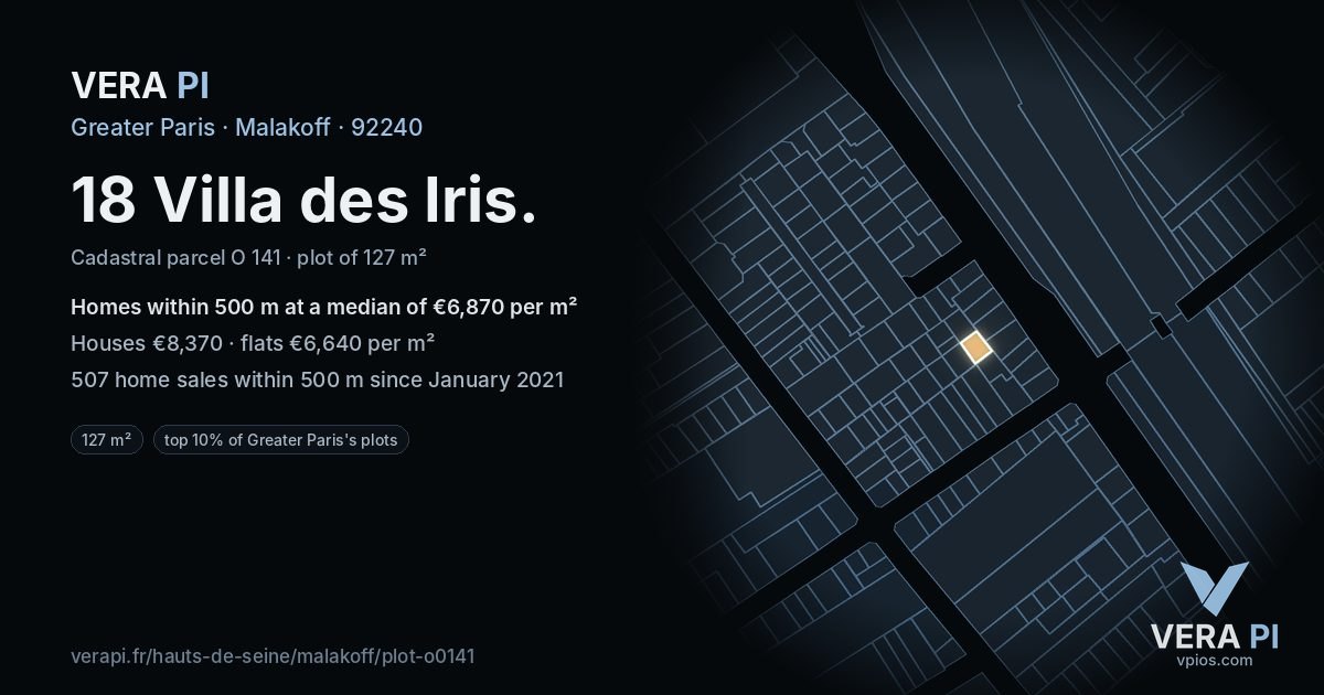 18 Villa des Iris, Malakoff at night – the plot lit, the parcels around coloured by the prices near them