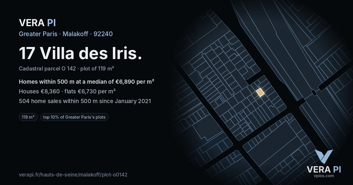 17 Villa des Iris, Malakoff at night – the plot lit, the parcels around coloured by the prices near them