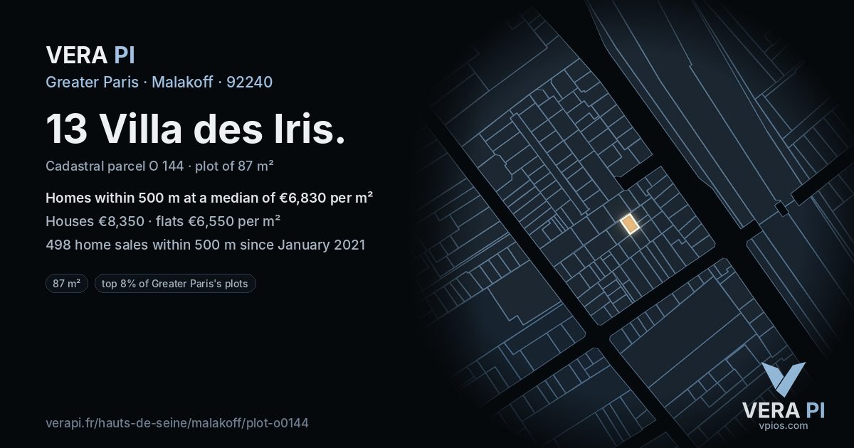 13 Villa des Iris, Malakoff at night – the plot lit, the parcels around coloured by the prices near them